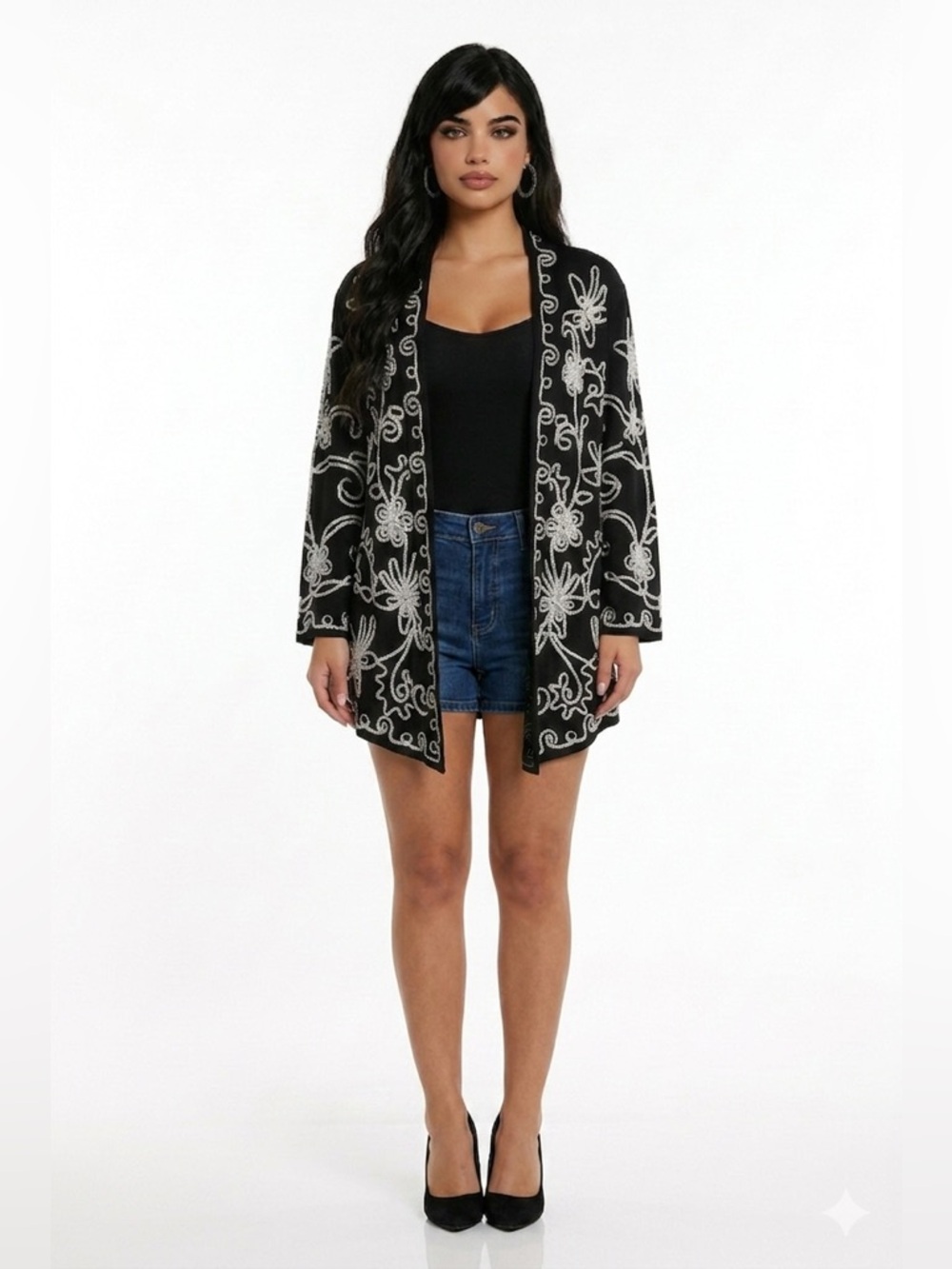 Lauren Michelle Black Embroidered Butterfly Duster Cardigan Size L